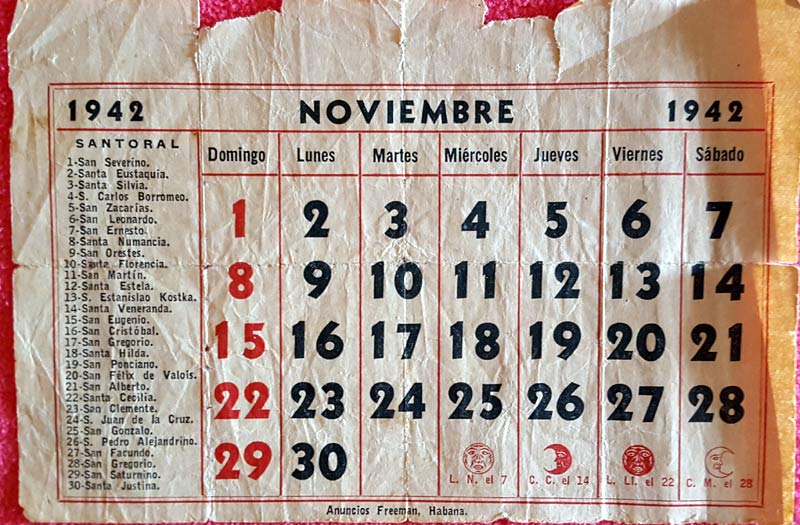 Fragmento del calendario donde aparece consignado el santo del día en que nació Hilda Torres, conservado por su madre Angelina Bacallao. hilda torres FOTO 4