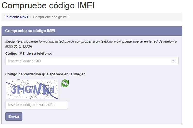 En esta dirección http://www.etecsa.cu/telefonia_movil/compruebe_imei/ el usuario puede comprobar la validez de su IMEI. Foto: Carlos Rafael Foto: Carlos Rafael