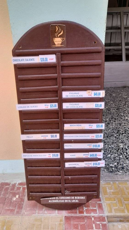 Tablilla informativa de Punto de Venta de la Chocolatera. precios3