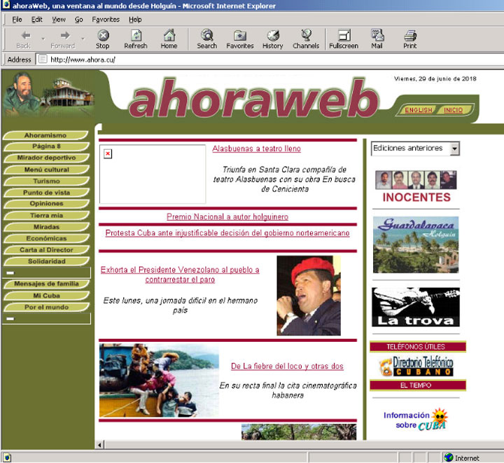 Captura de pantalla de ahora.cu en el año 2001 Captura de pantalla de ahora.cu en el año 2001